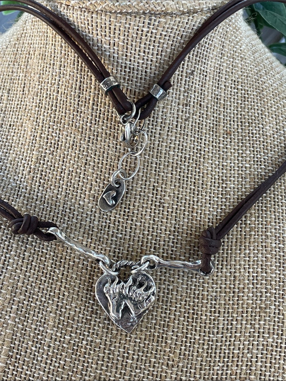 Handcrafted island Cowgirl Silver Heart Pendant Necklace on Brown leather Cord